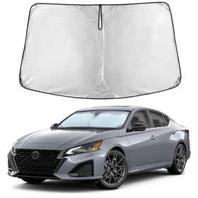 EcoNour front-fit sunshade showing full windshield coverage and interior protection