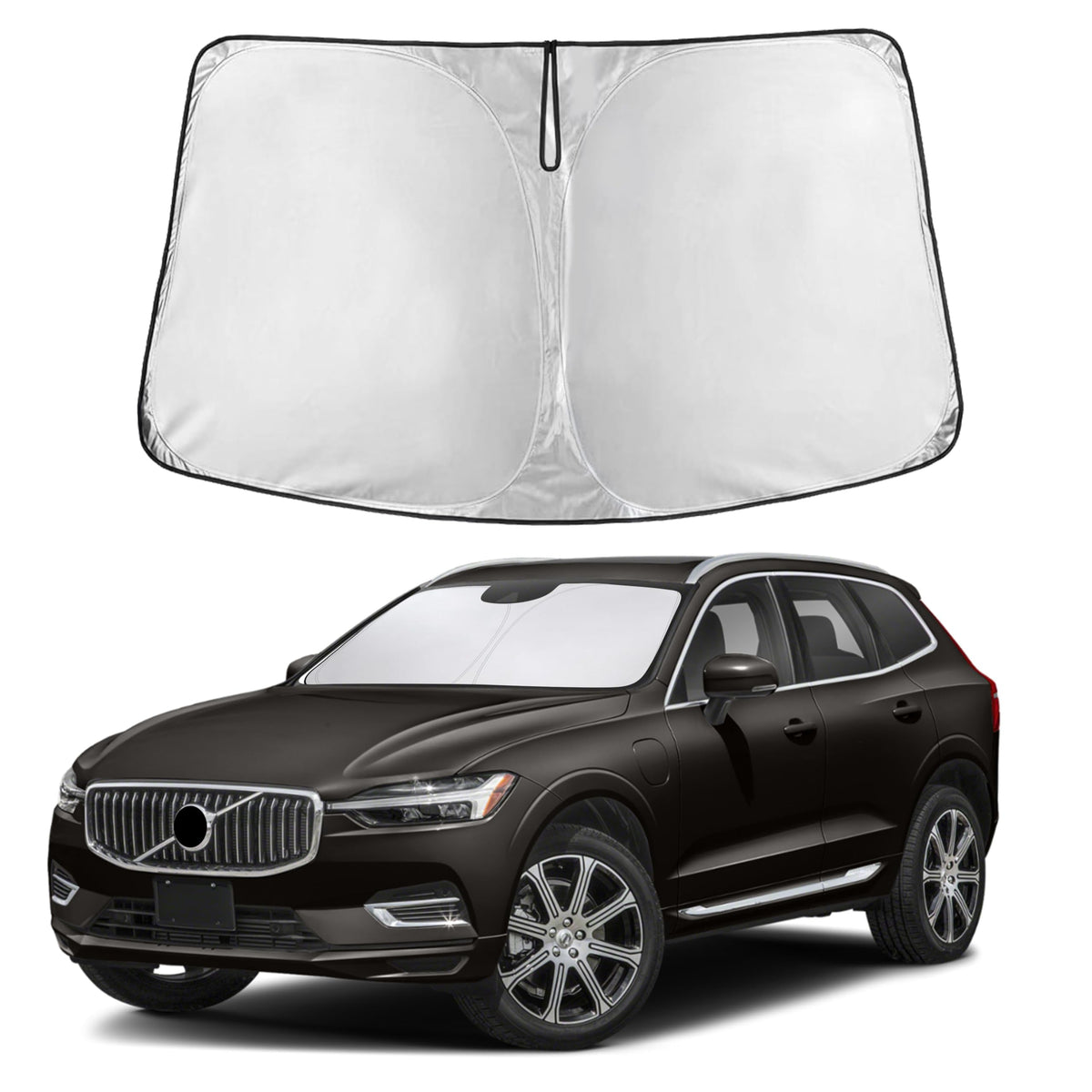 EcoNour front view of sunshade showing custom Volvo XC60 fit and full windshield coverage