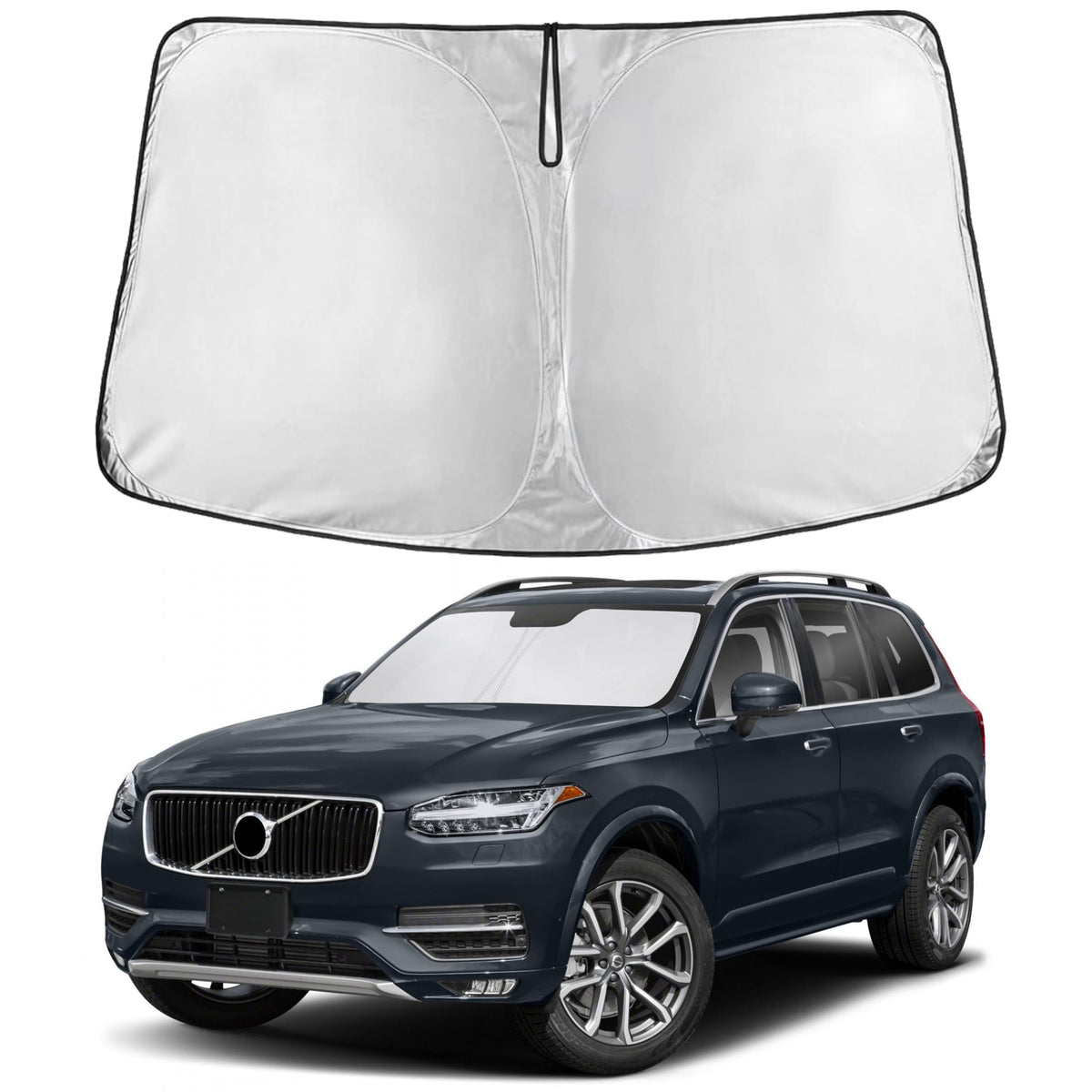 EcoNour front view of sunshade covering Volvo XC90 windshield offering full coverage
