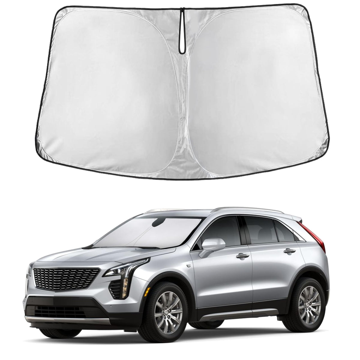 EcoNour sunshade front view showing precise XT4 fit and full windshield coverage benefit