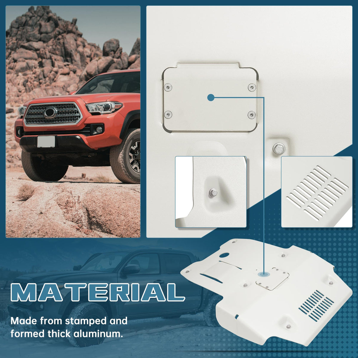 ECOTRIC skid plate mounted on Tacoma on trail improving off-road resilience