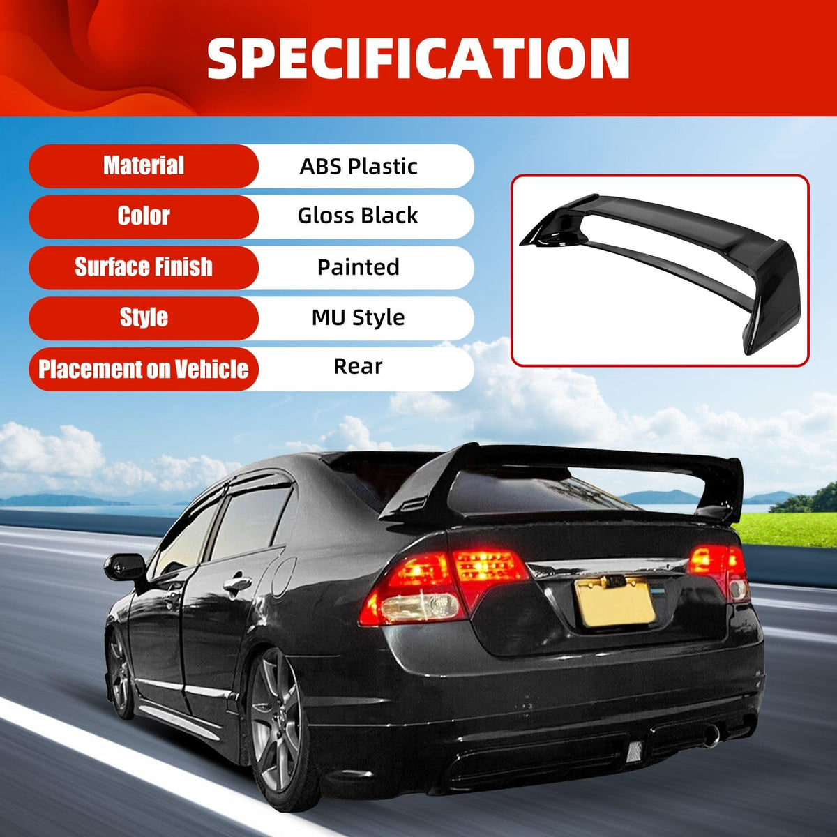 ECOTRIC spoiler mounted on Civic trunk illustrating seamless fit benefit