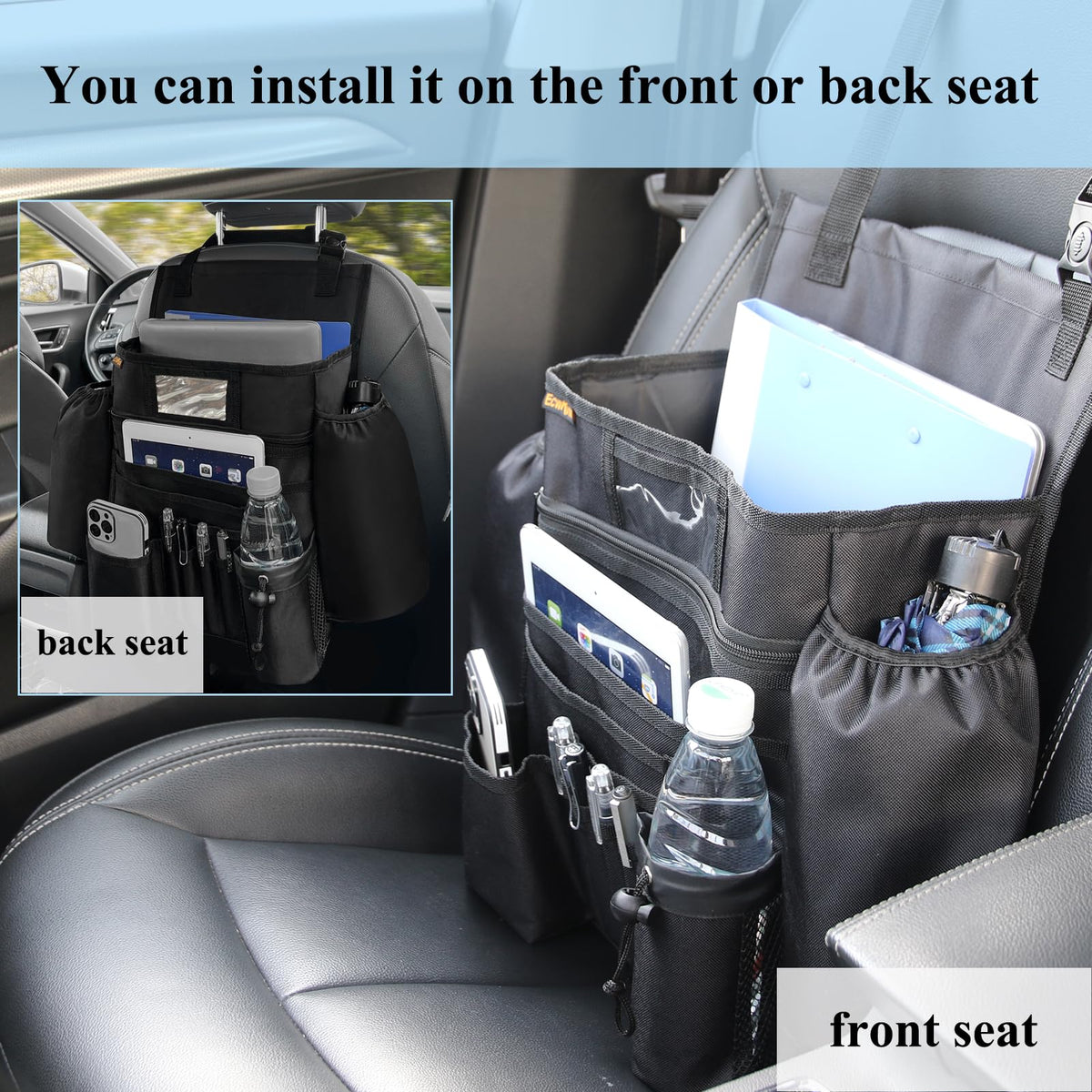 ECWKVN cup holder and side pouch securing drinks and a flashlight