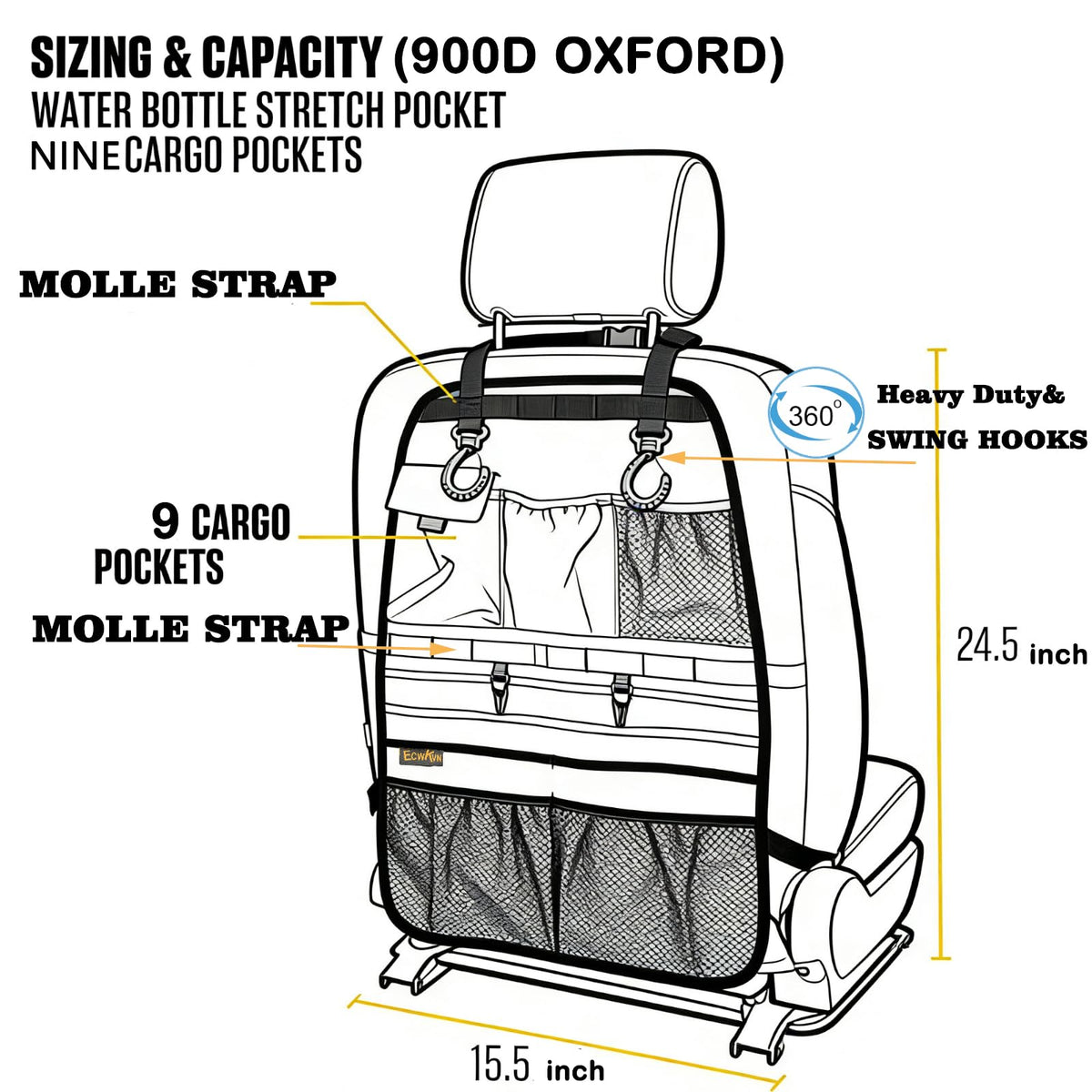ECWKVN metal hooks and bottle holders holding gear securely during travel