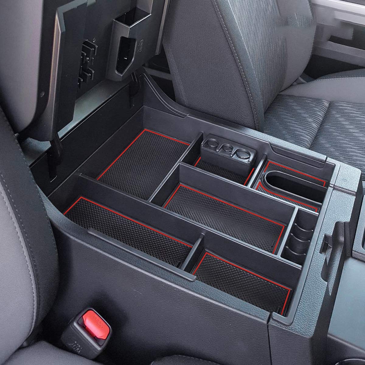EDBETOS front view of red center console tray showing organized compartments for easy access