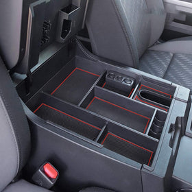 EDBETOS front view of red center console tray showing organized compartments for easy access
