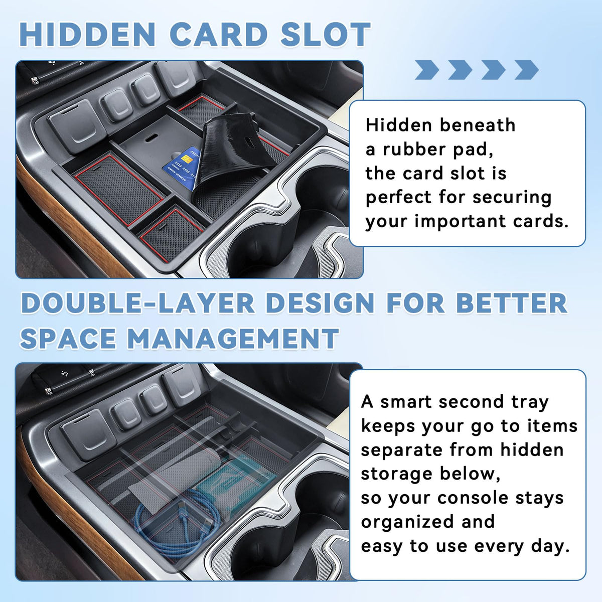 EDBETOS console lid closed with organizer keeps valuables concealed