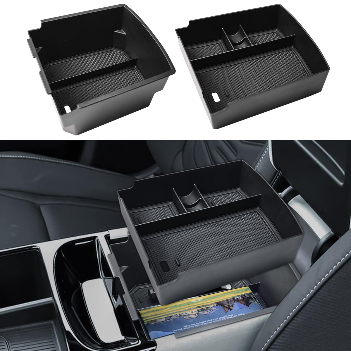 EDBETOS front view of console organizer showing two-level storage, neat cabin benefit