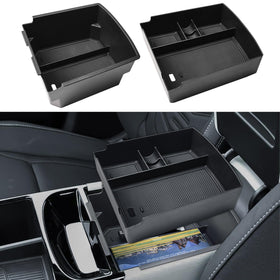EDBETOS front view of console organizer showing two-level storage, neat cabin benefit
