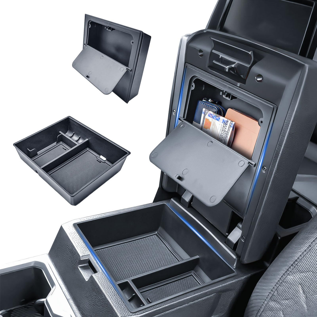 EDBETOS front view of console organizer showing neat two-layer layout and improved access