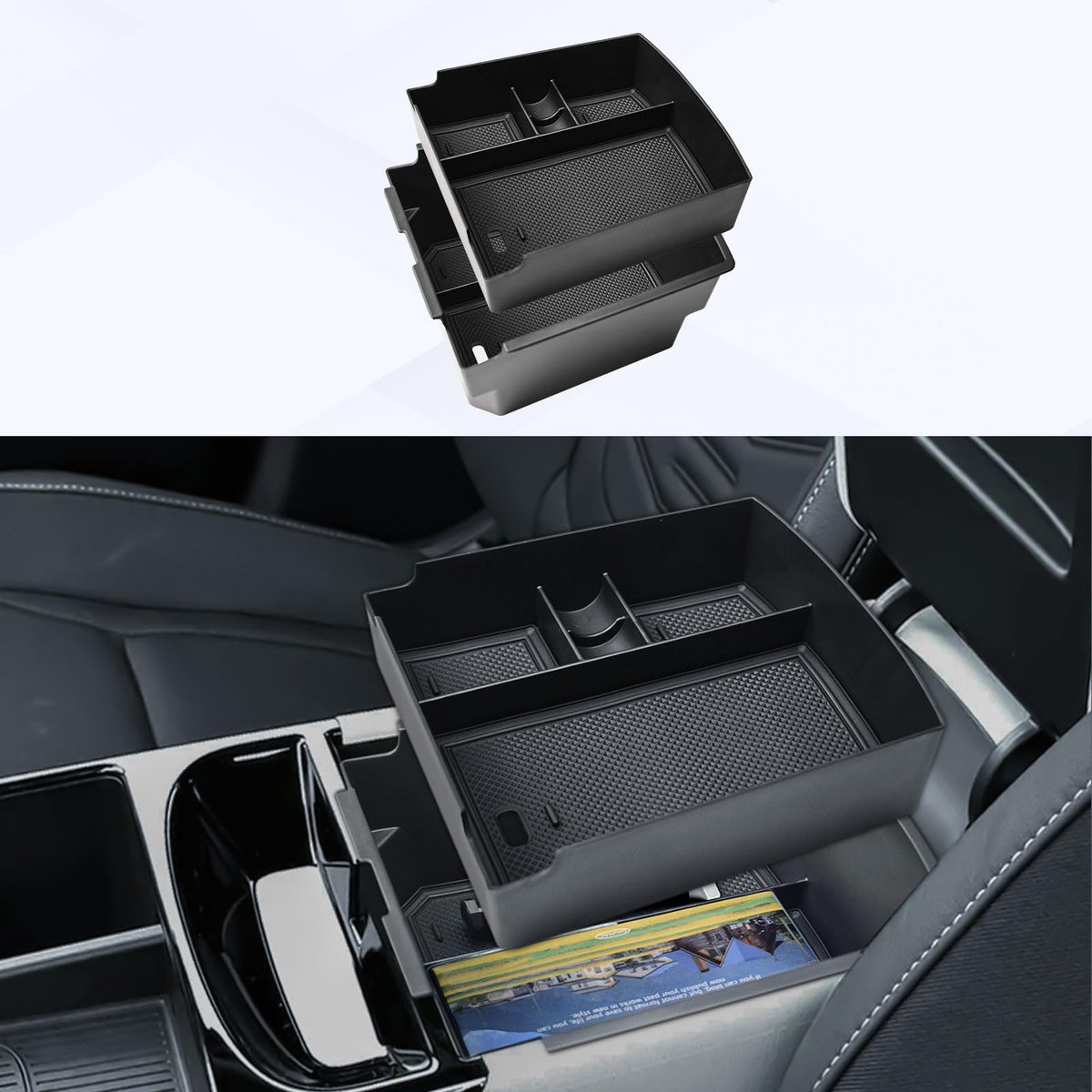 EDBETOS organizer in use with phone charging cable routed neatly, improving usability