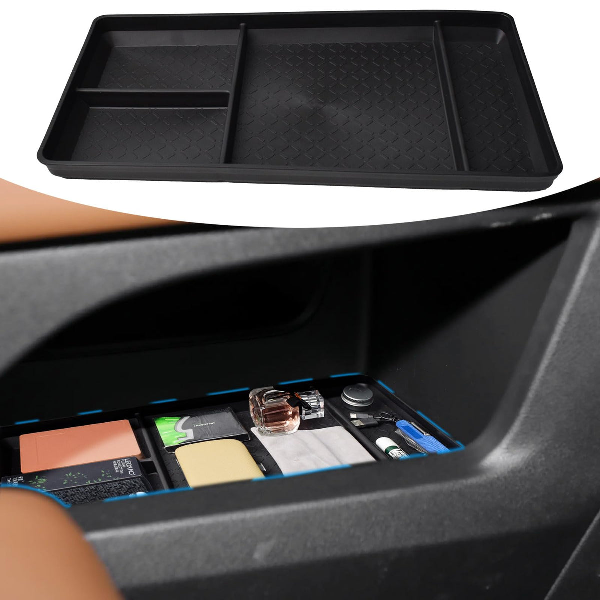 EDBETOS front view of lower console tray showing fit and clean look