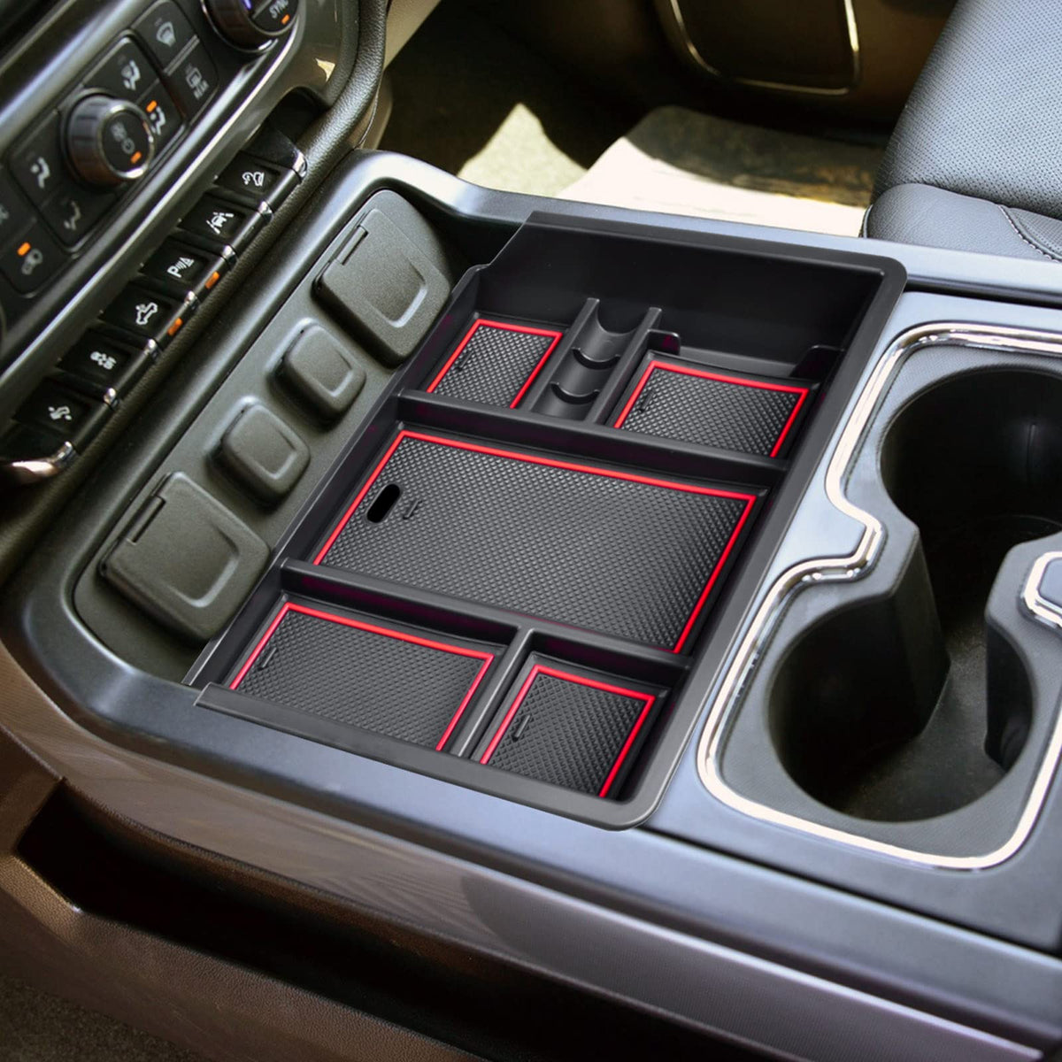 EDBETOS front view of console organizer shows neat storage benefit