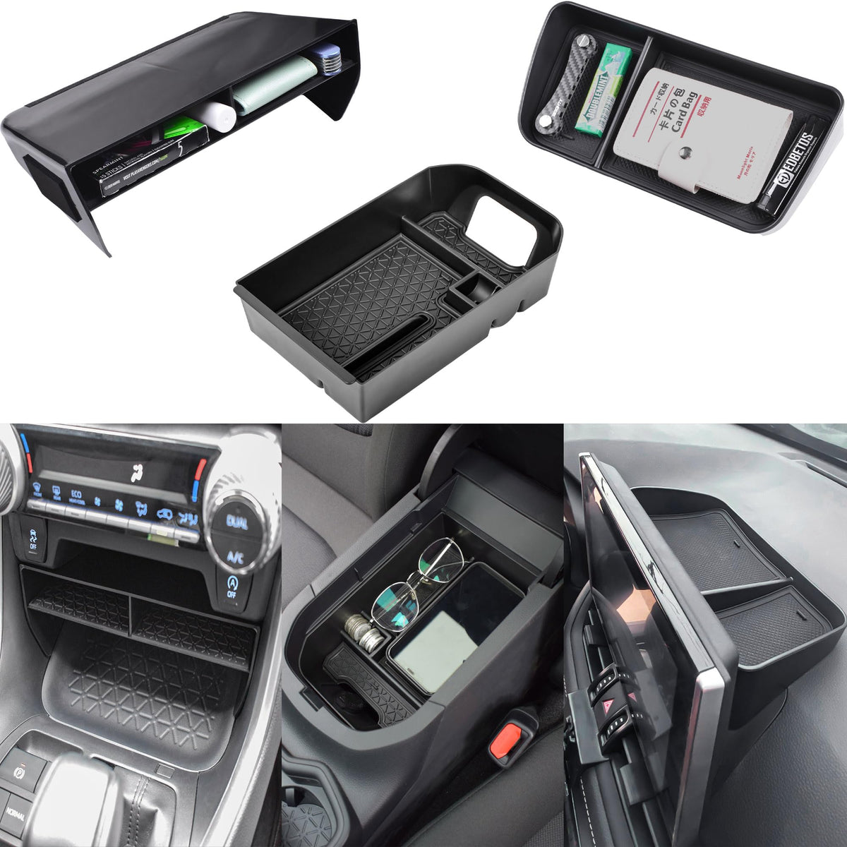 EDBETOS front console organizer installed showing tidy storage and quick access