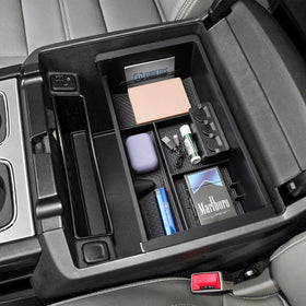 EDBETOS front view of console tray showing tidy two-tier storage benefit