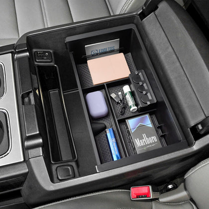 EDBETOS front view of console tray showing tidy two-tier storage benefit