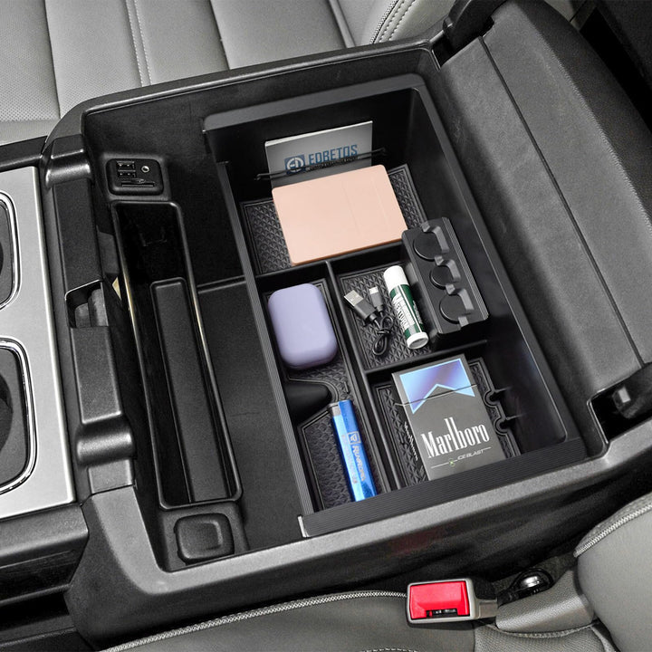 EDBETOS front view of console tray showing tidy two-tier storage benefit