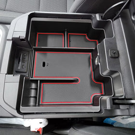 EDBETOS front view of console tray showing tidy upper and lower storage benefit