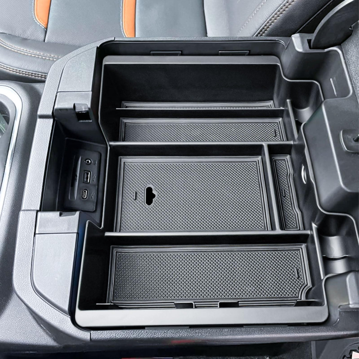 EDBETOS front view of console organizer installed showing neat organization and fast access