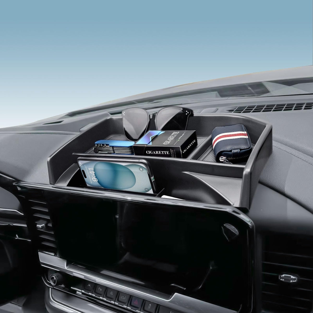 EDBETOS tray front view installed behind 13.4-inch display showing tidy storage and fit