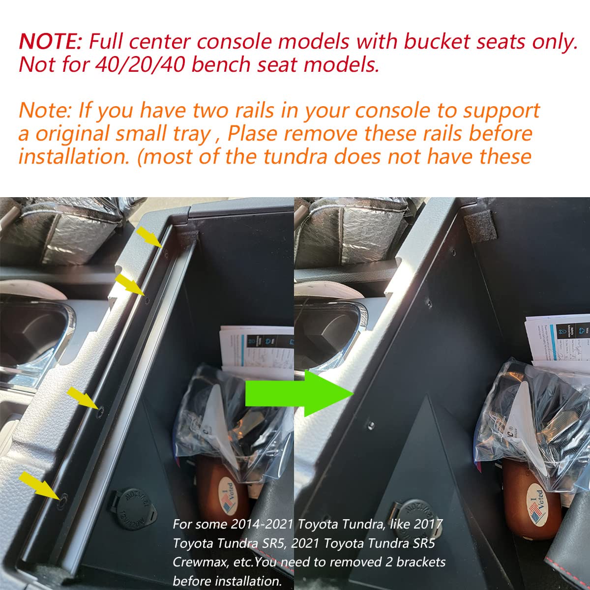 EDBETOS tray installed in Tundra console overhead view for tidy, accessible storage