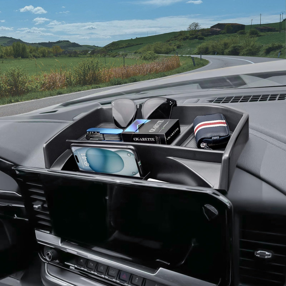 EDBETOS lifestyle shot in truck dashboard showing clean organized cabin
