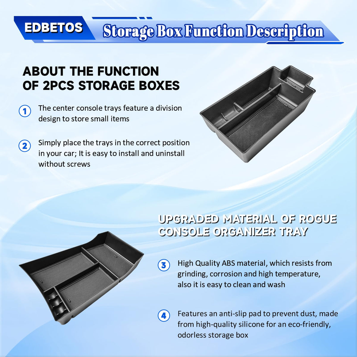 EDBETOS lower tray compartments organized for pens and sunglasses benefit