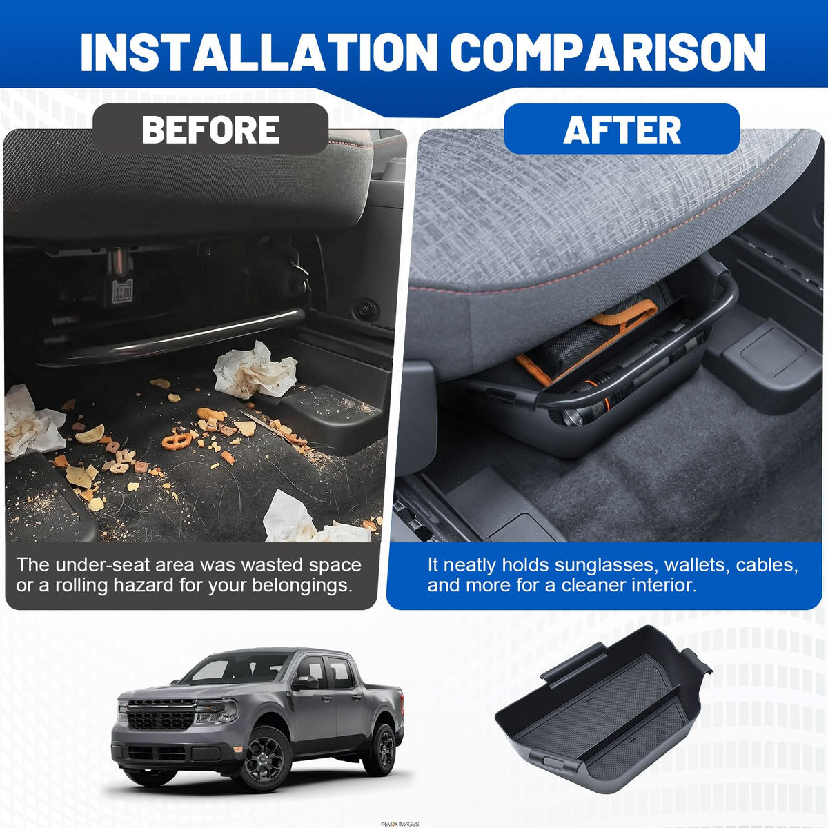 EDBETOS mounted under Ford Maverick manual seat side angle for secure attachment