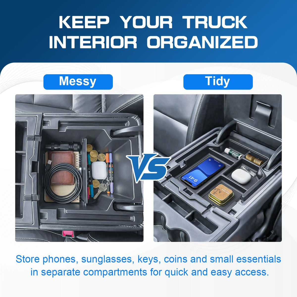 EDBETOS top-down tray layout highlighting divided storage for phones and cards