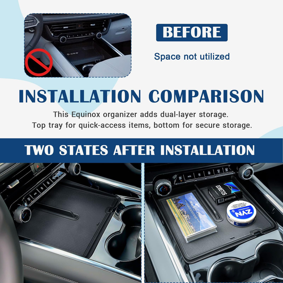 EDBETOS tray installed in Chevy Suburban interior offering tidy console space