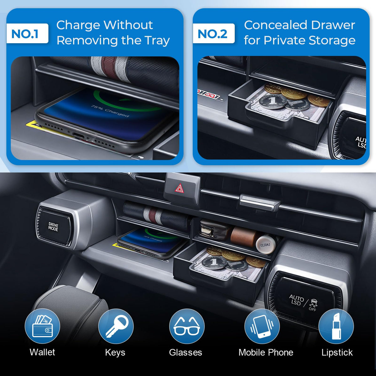 EDBETOS organizer with phone on charging pad preserving wireless charging function