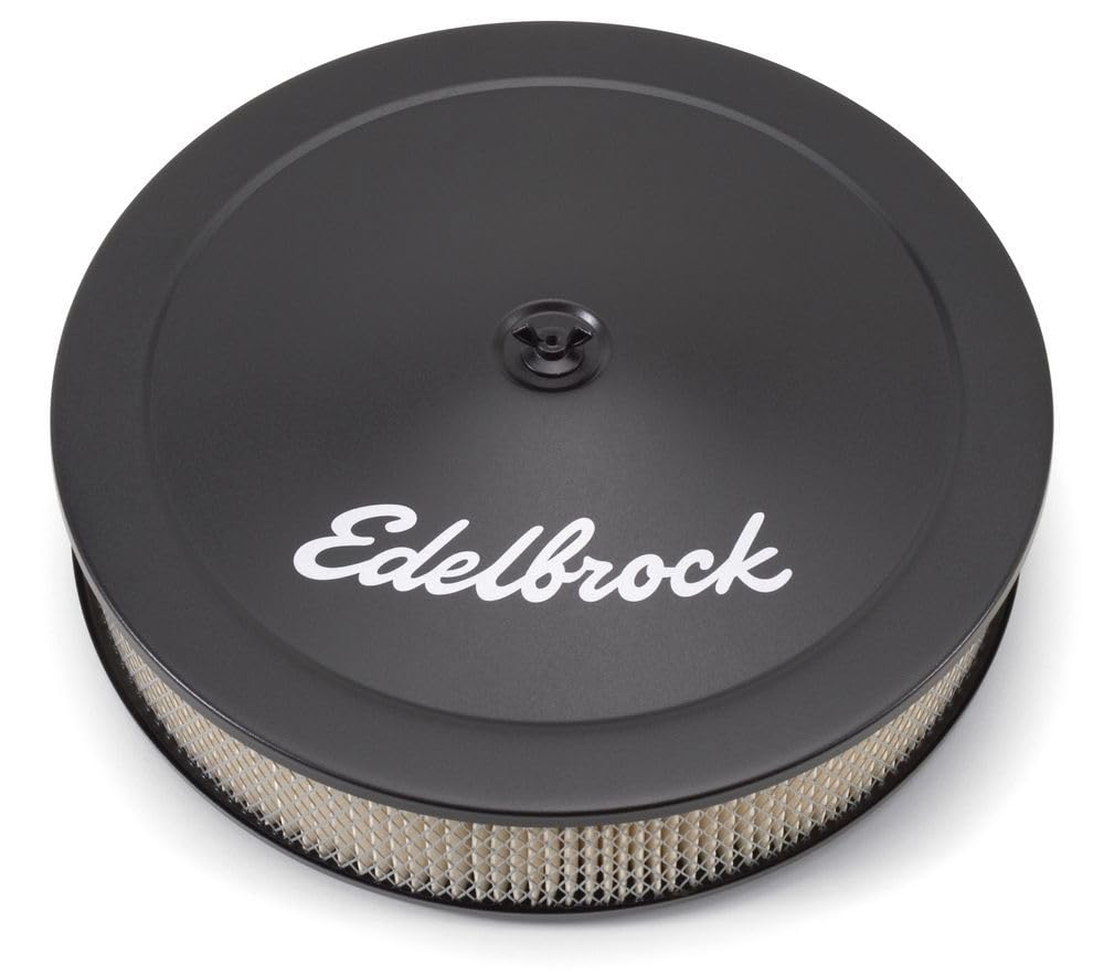 Edelbrock 1223 front view showing 14-inch black housing and clean fit