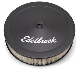 Edelbrock 1223 front view showing 14-inch black housing and clean fit