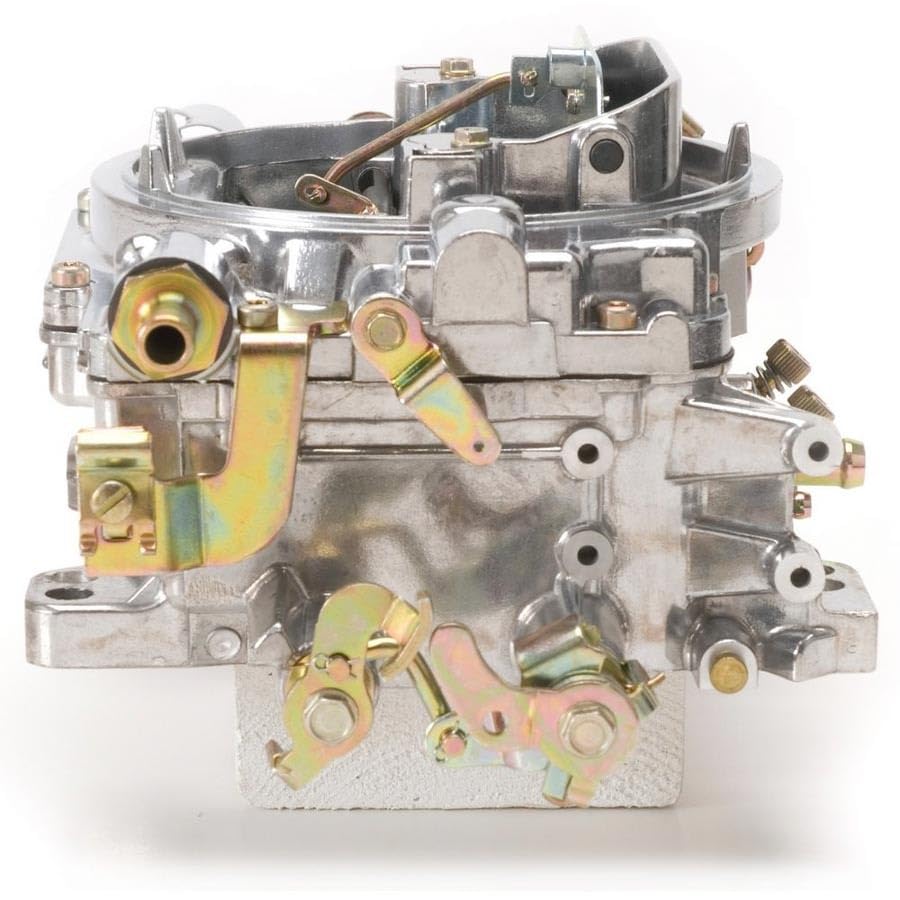 Edelbrock 1405 top view showing manual choke and throttle linkage, for easy manual control