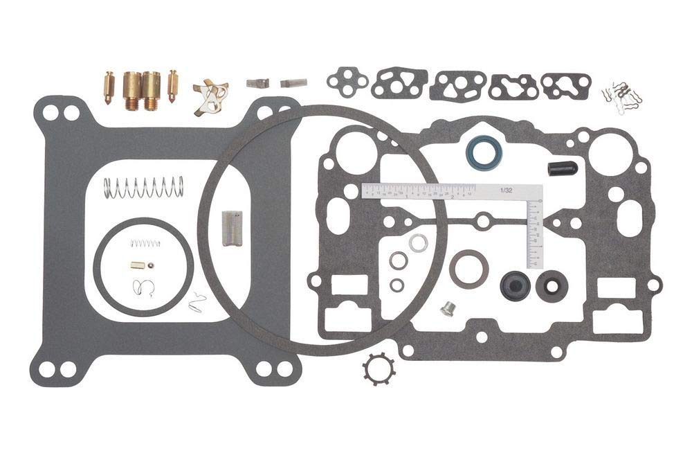 Edelbrock 1477 kit packaging, clear view of included gaskets and seals for reliable rebuilds