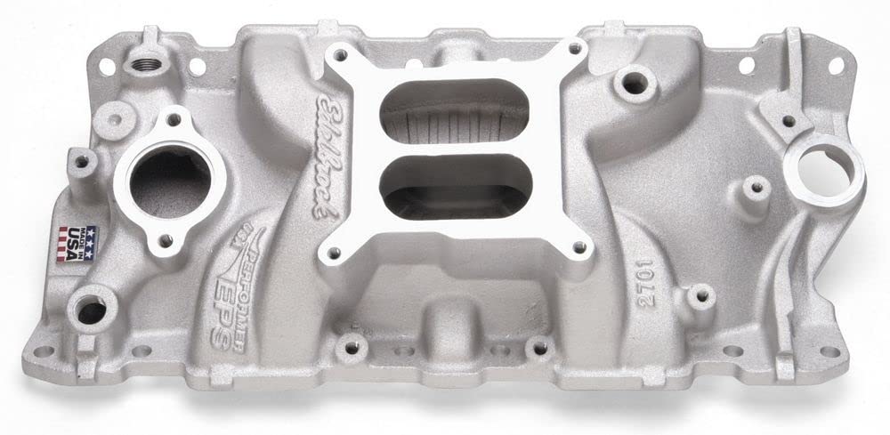 Edelbrock 2701 front view showing ports and finish, improving throttle response