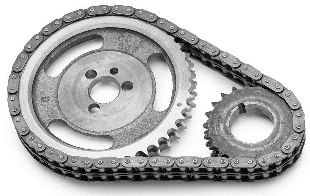 Edelbrock 7802 front view showing chain and gears for durable timing