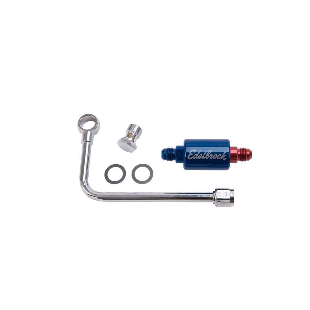 Edelbrock 8134 chrome front view showing filter and banjo bolt for clean fuel routing