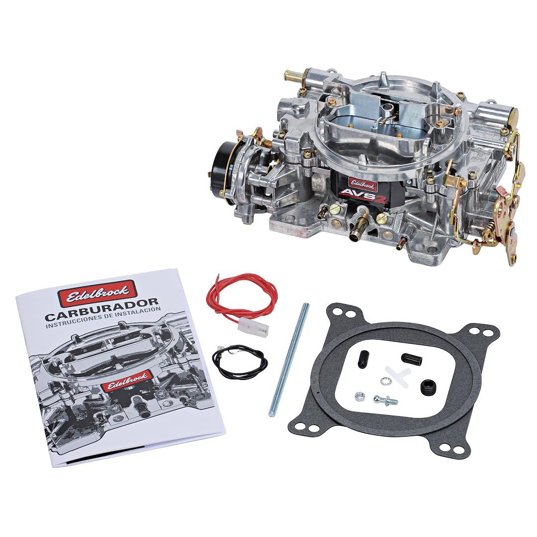 Edelbrock AVS2 front view showing satin finish and clear throttle linkage for easier installation