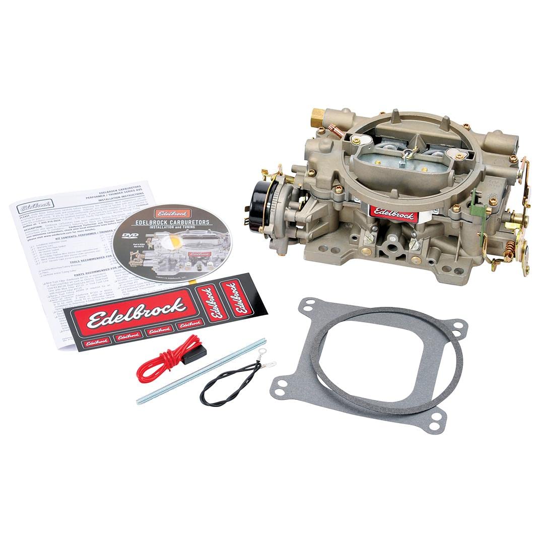 Edelbrock carburetor front view showing ports and durable aluminum finish for reliable performance