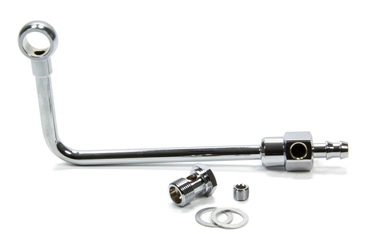 Edelbrock chrome fuel line front view showing polished finish and fitment benefit