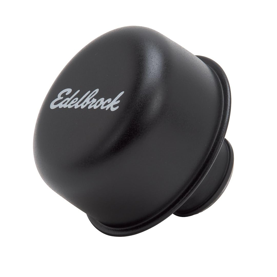 Edelbrock Pro-Flo black round breather front view showing logo and matched finish