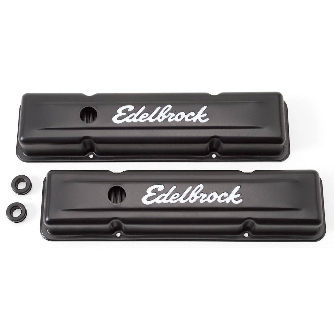 Edelbrock valve cover front view showing polished chrome finish and improved engine bay appearance