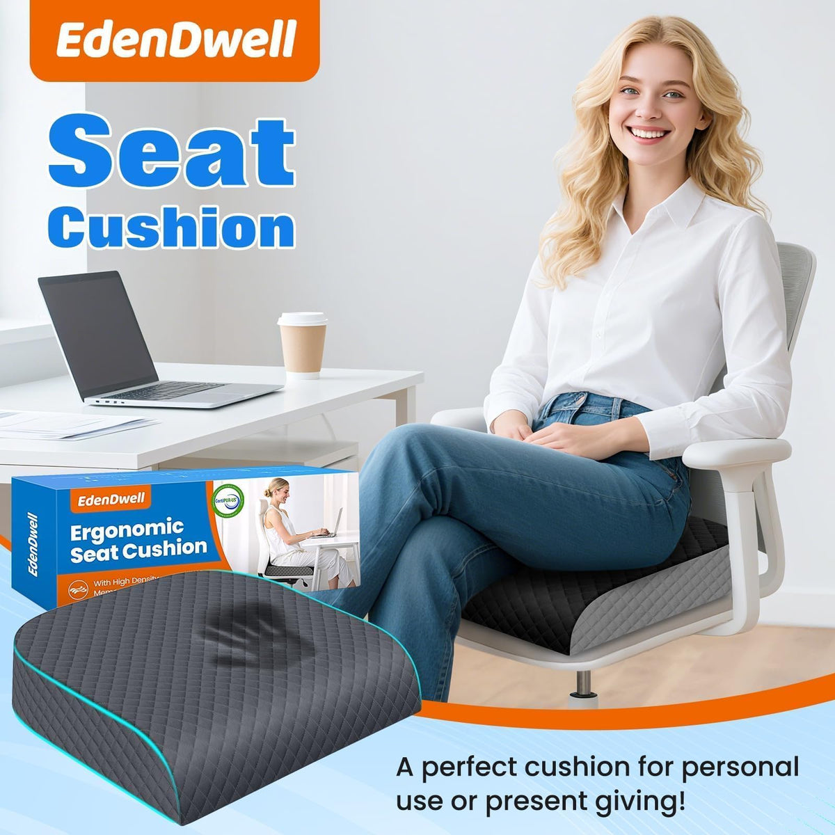 EdenDwell cushion placed in office chair lifestyle scene providing comfortable work seating