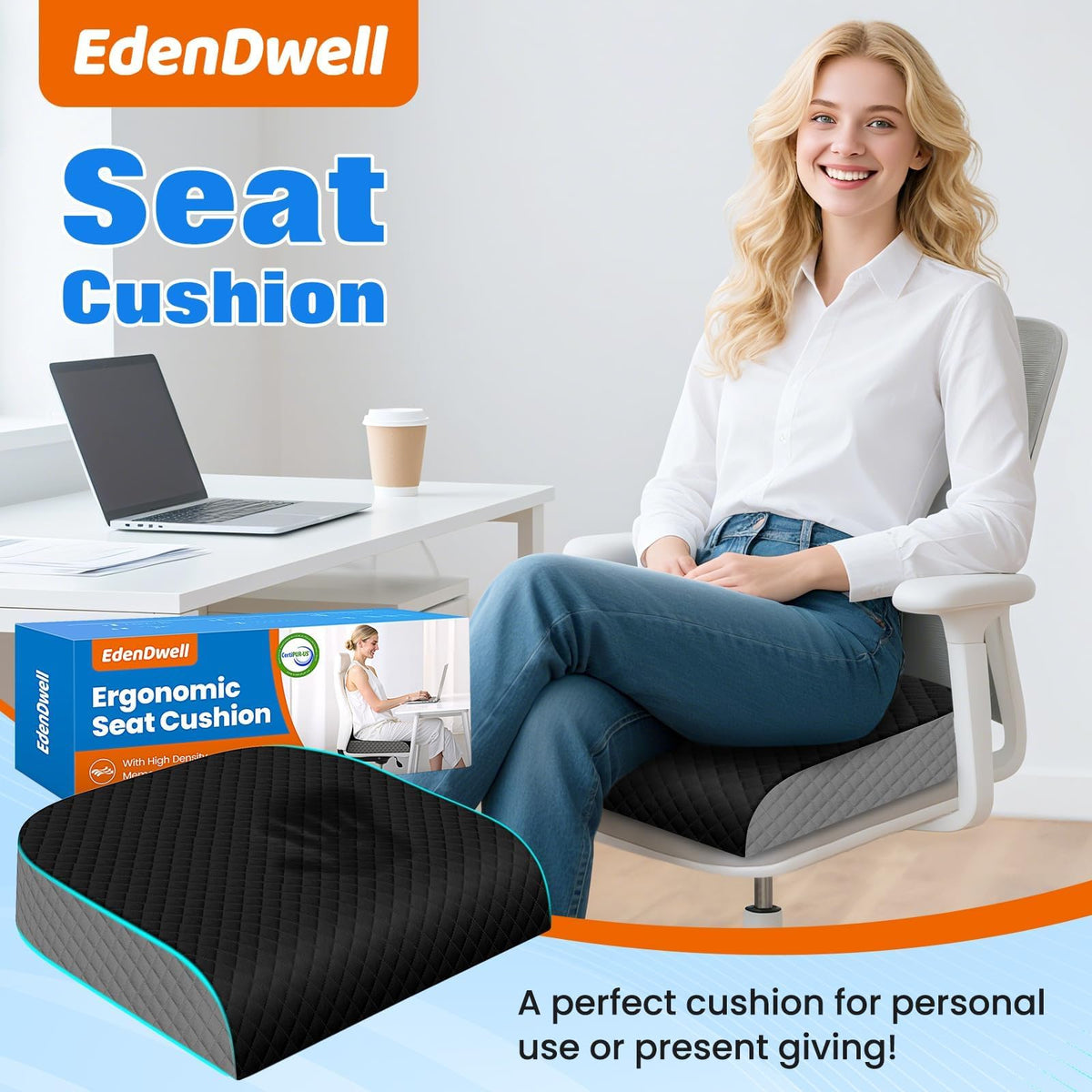 EdenDwell cushion on office chair in workspace improving seated comfort