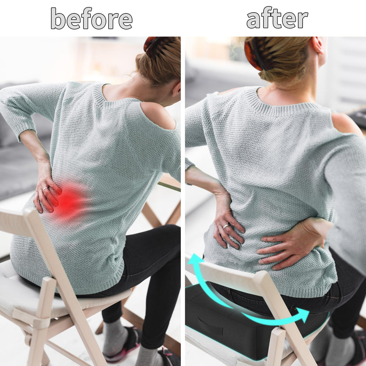 EDIETH cushion next to chair showing size and fit benefit