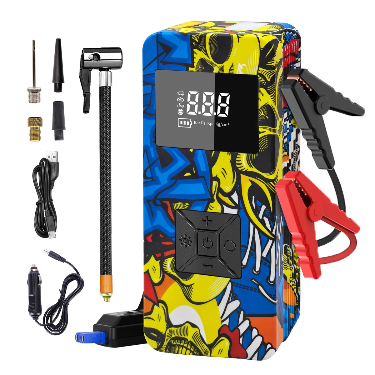 EDOMOL front view of jump starter showing compact design and ports for versatile use