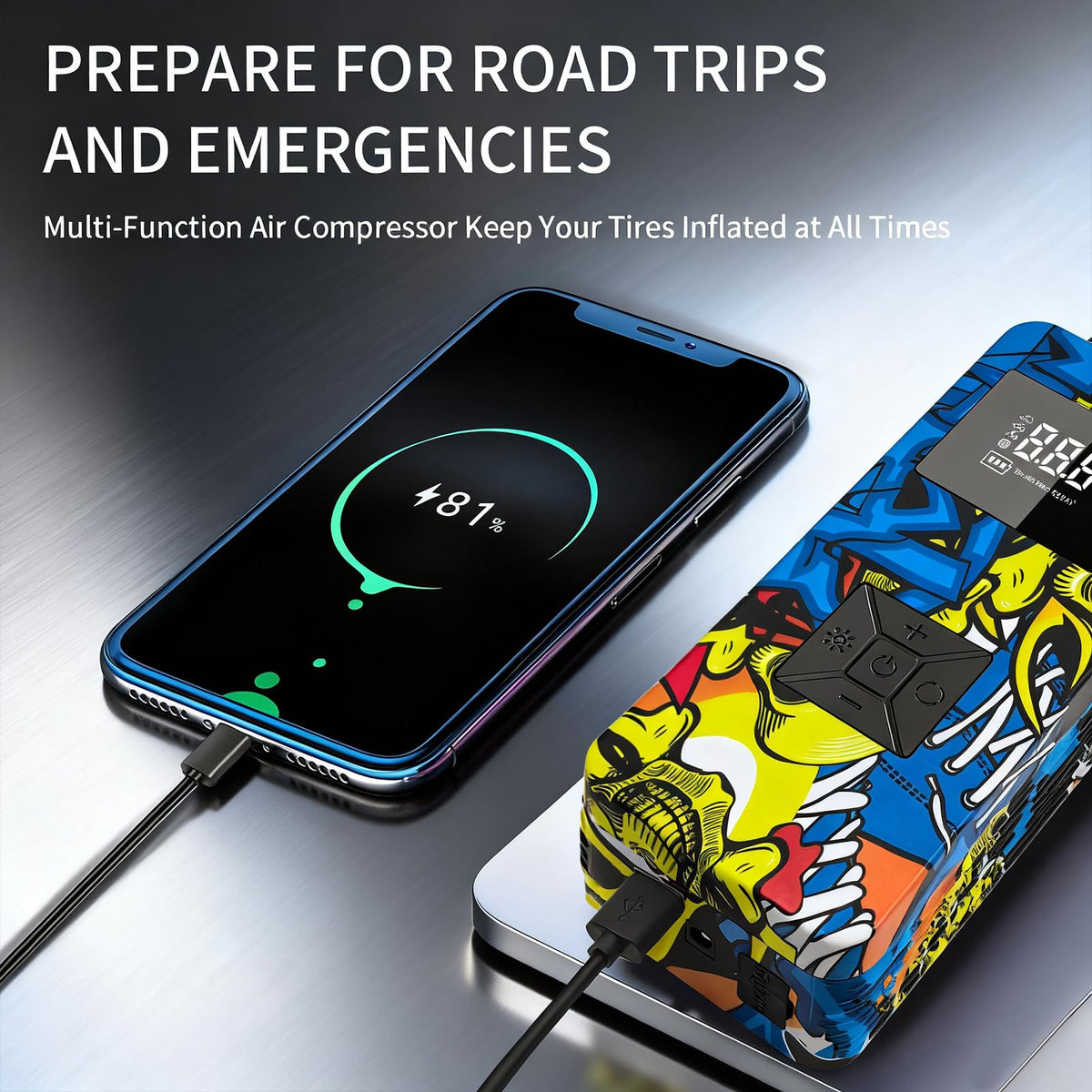 EDOMOL LCD display and LED flashlight lit up showing status readout and SOS mode