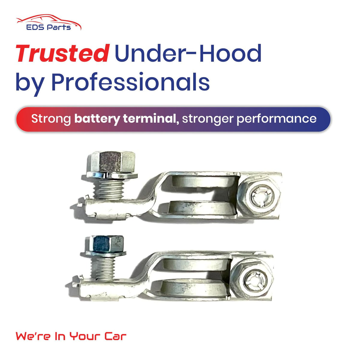 EDS terminals installed on a car battery in engine bay demonstrating straightforward DIY replacement