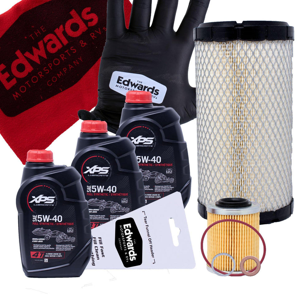 THE EDWARDS MOTORSPORTS & RVS COMPANY kit front view showing oil, filters, and tools for quick service